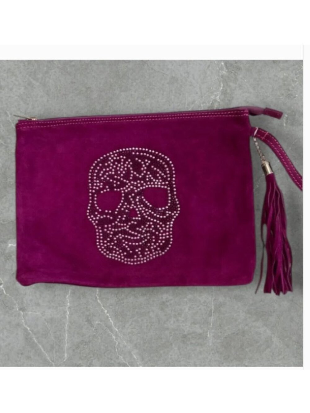 P'elle Purple Suede Clutch with Studded Skull Design